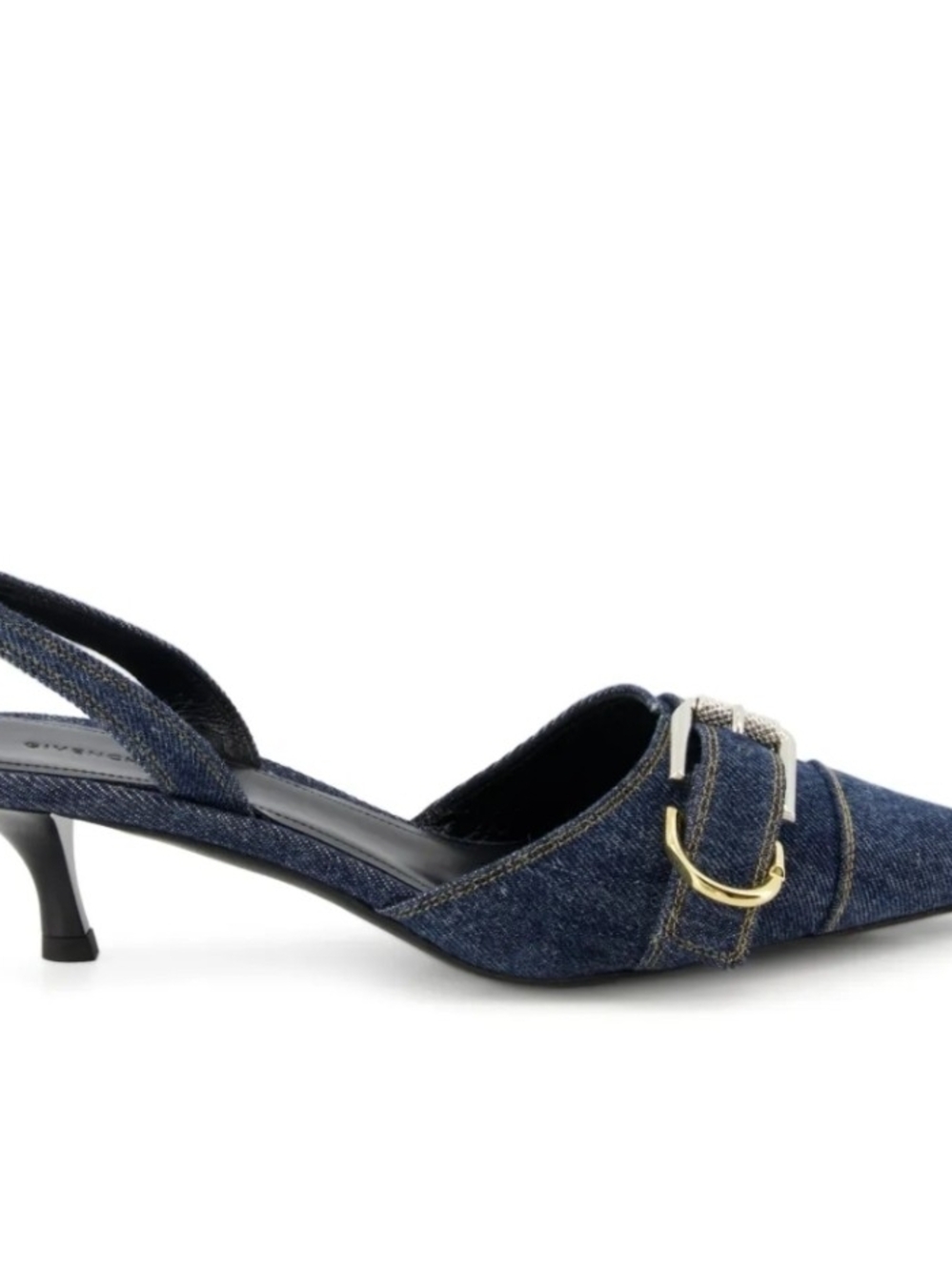Givenchy Denim Blue Slingback Kitten Heel with Gold Buckle